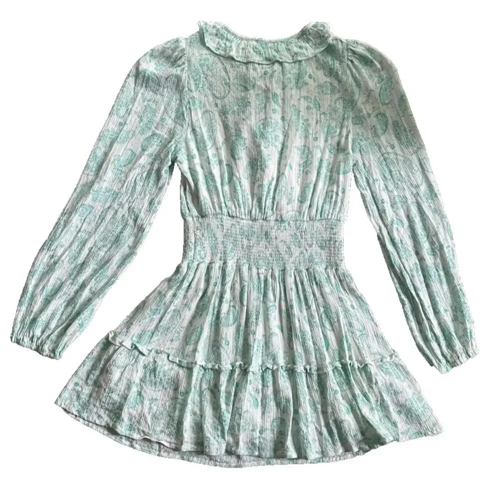 House of Harlow 1960 Paisley Long Sleeve Ruffle Smocked Mini Dress Mint Green S - Picture 7 of 9